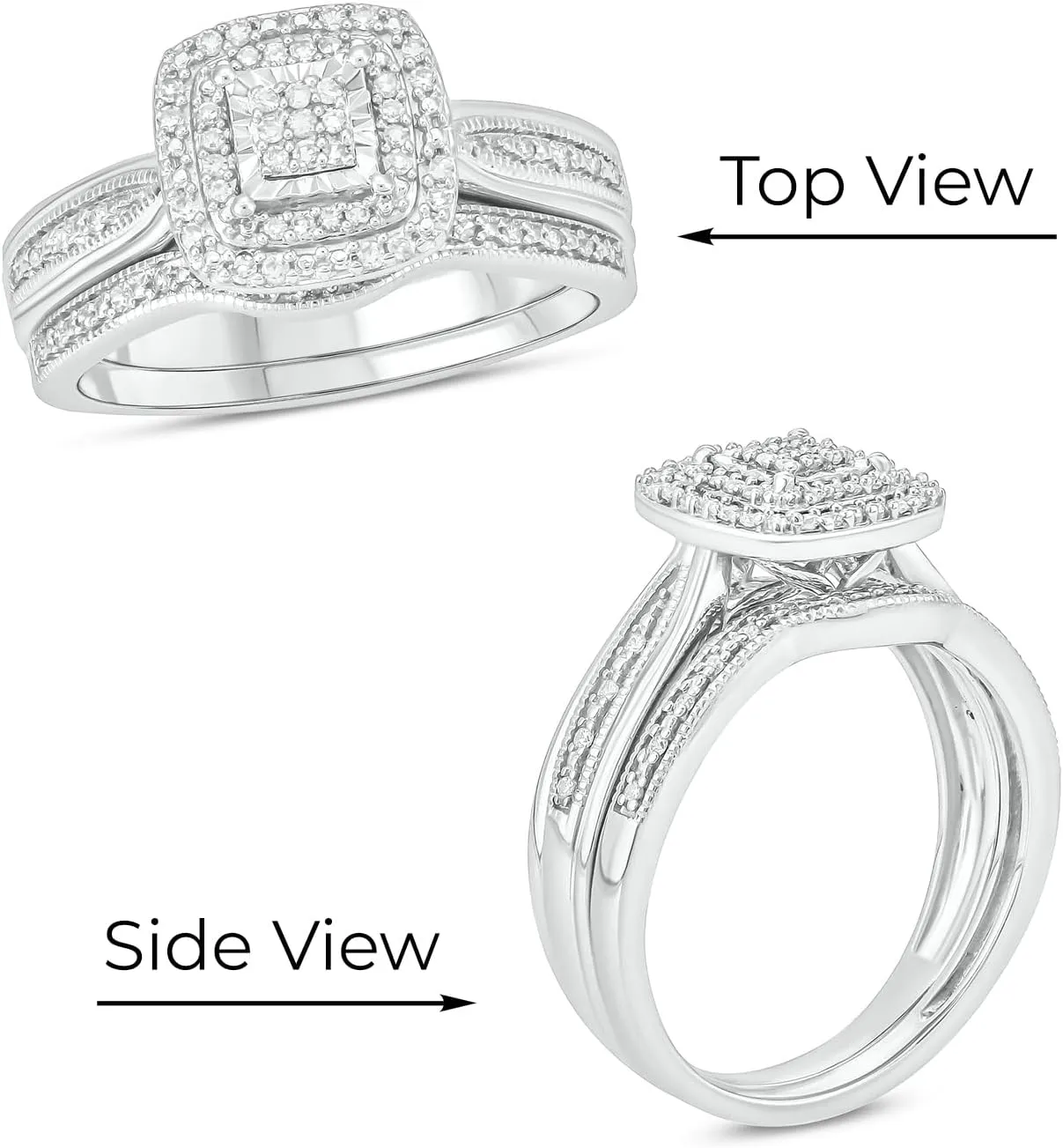 Cali Trove 1/5ct Natural Black & White Diamond Bridal Ring Set for Women | 925 Sterling Silver Square Halo Wedding & Engagement Ring | Diamond Promise Rings for Her in White Gold | Mother's Day Gifts
