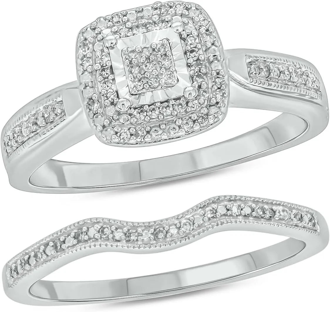 Cali Trove 1/5ct Natural Black & White Diamond Bridal Ring Set for Women | 925 Sterling Silver Square Halo Wedding & Engagement Ring | Diamond Promise Rings for Her in White Gold | Mother's Day Gifts