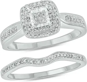 Cali Trove 1/5ct Natural Black & White Diamond Bridal Ring Set for Women | 925 Sterling Silver Square Halo Wedding & Engagement Ring | Diamond Promise Rings for Her in White Gold | Mother's Day Gifts