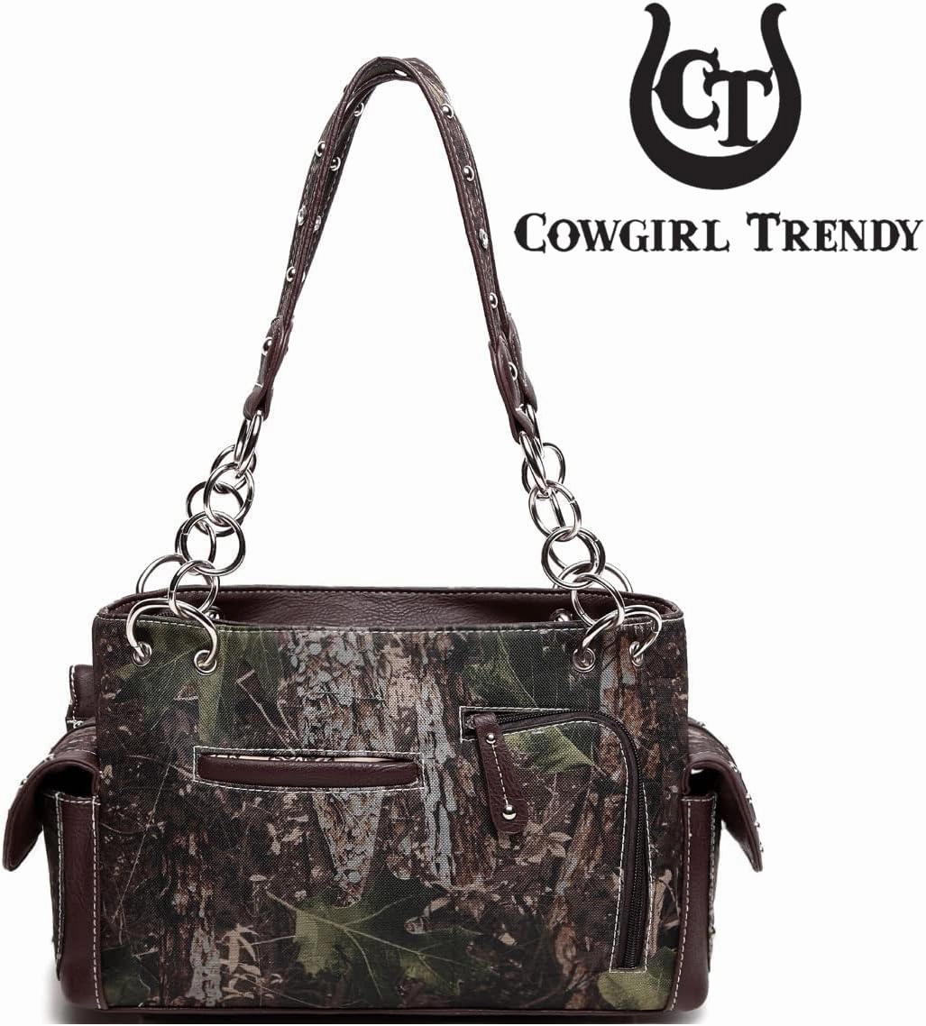 Camouflage Cross Wings Western Style Studded Handbag Tooled Leather Purse Country Women Shoulder Bag Pouch Wallet Set