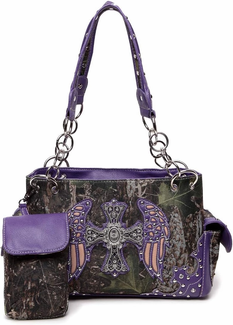 Camouflage Cross Wings Western Style Studded Handbag Tooled Leather Purse Country Women Shoulder Bag Pouch Wallet Set