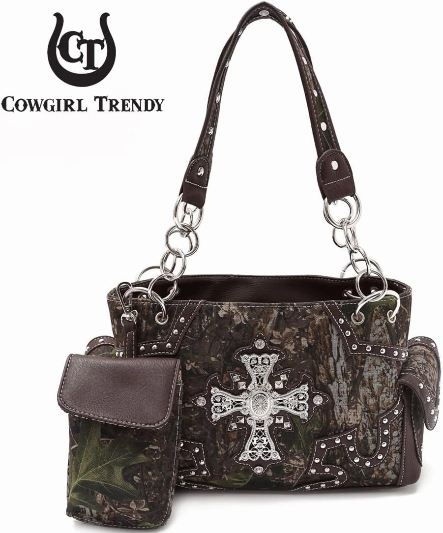 Camouflage Cross Wings Western Style Studded Handbag Tooled Leather Purse Country Women Shoulder Bag Pouch Wallet Set