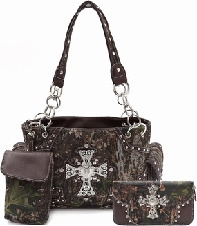 Camouflage Cross Wings Western Style Studded Handbag Tooled Leather Purse Country Women Shoulder Bag Pouch Wallet Set