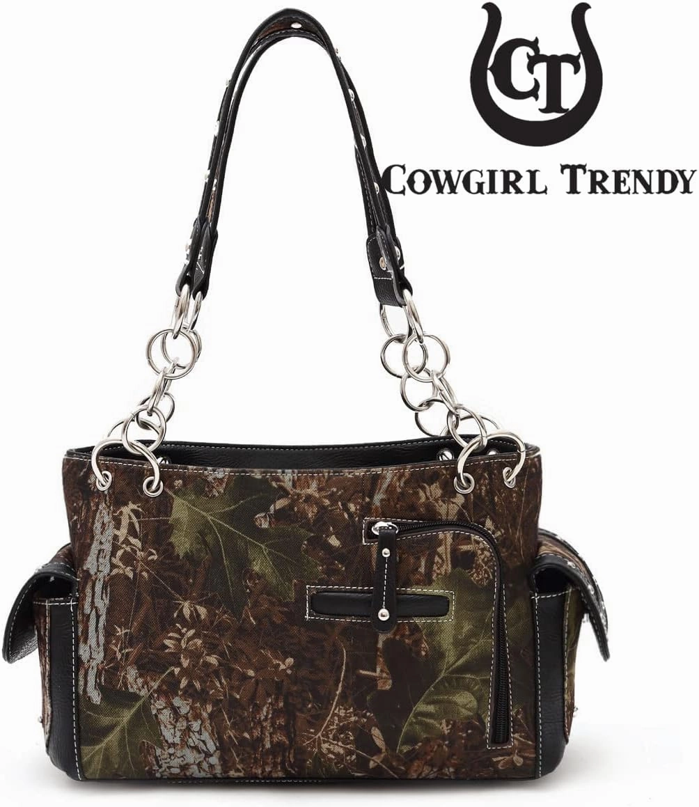 Camouflage Cross Wings Western Style Studded Handbag Tooled Leather Purse Country Women Shoulder Bag Pouch Wallet Set