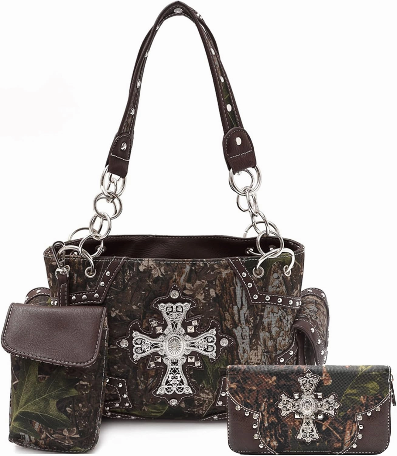 Camouflage Cross Wings Western Style Studded Handbag Tooled Leather Purse Country Women Shoulder Bag Pouch Wallet Set