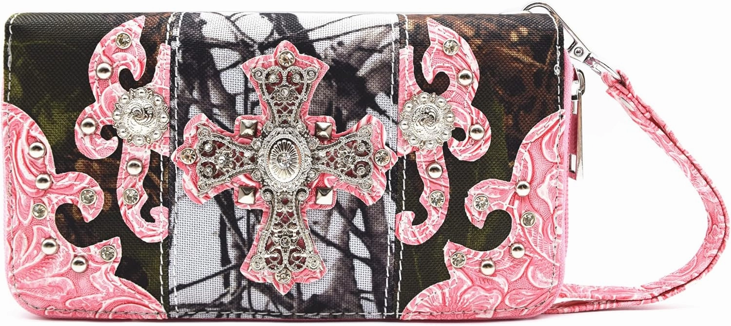 Camouflage Cross Wings Western Style Studded Handbag Tooled Leather Purse Country Women Shoulder Bag Pouch Wallet Set