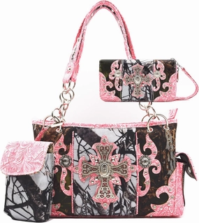 Camouflage Cross Wings Western Style Studded Handbag Tooled Leather Purse Country Women Shoulder Bag Pouch Wallet Set