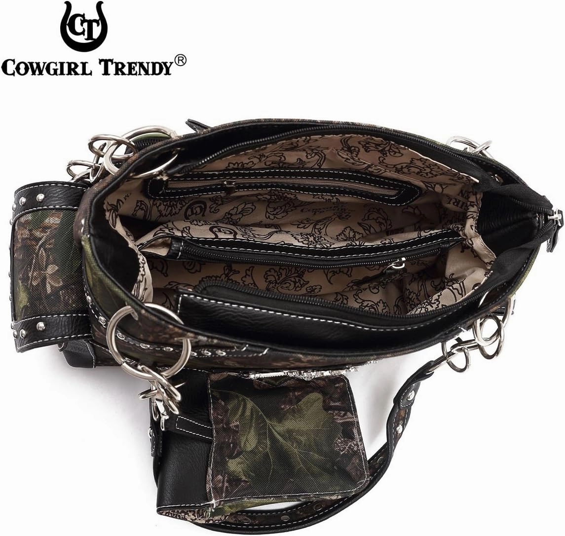 Camouflage Cross Wings Western Style Studded Handbag Tooled Leather Purse Country Women Shoulder Bag Pouch Wallet Set