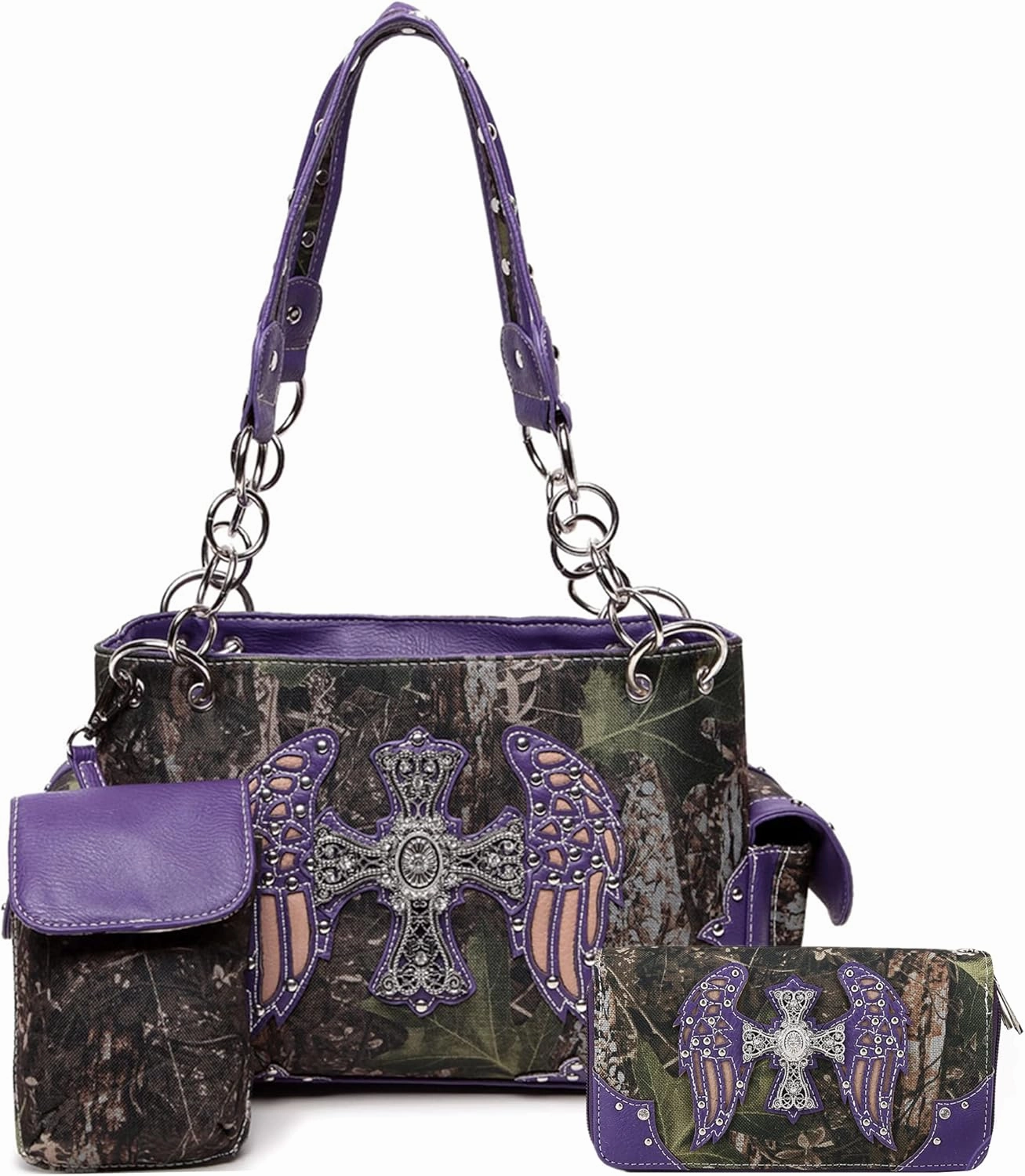 Camouflage Cross Wings Western Style Studded Handbag Tooled Leather Purse Country Women Shoulder Bag Pouch Wallet Set