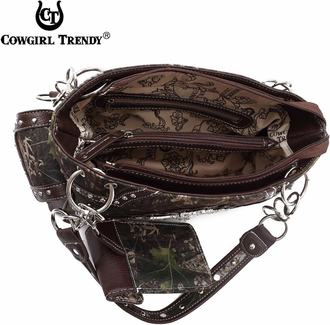 Camouflage Cross Wings Western Style Studded Handbag Tooled Leather Purse Country Women Shoulder Bag Pouch Wallet Set