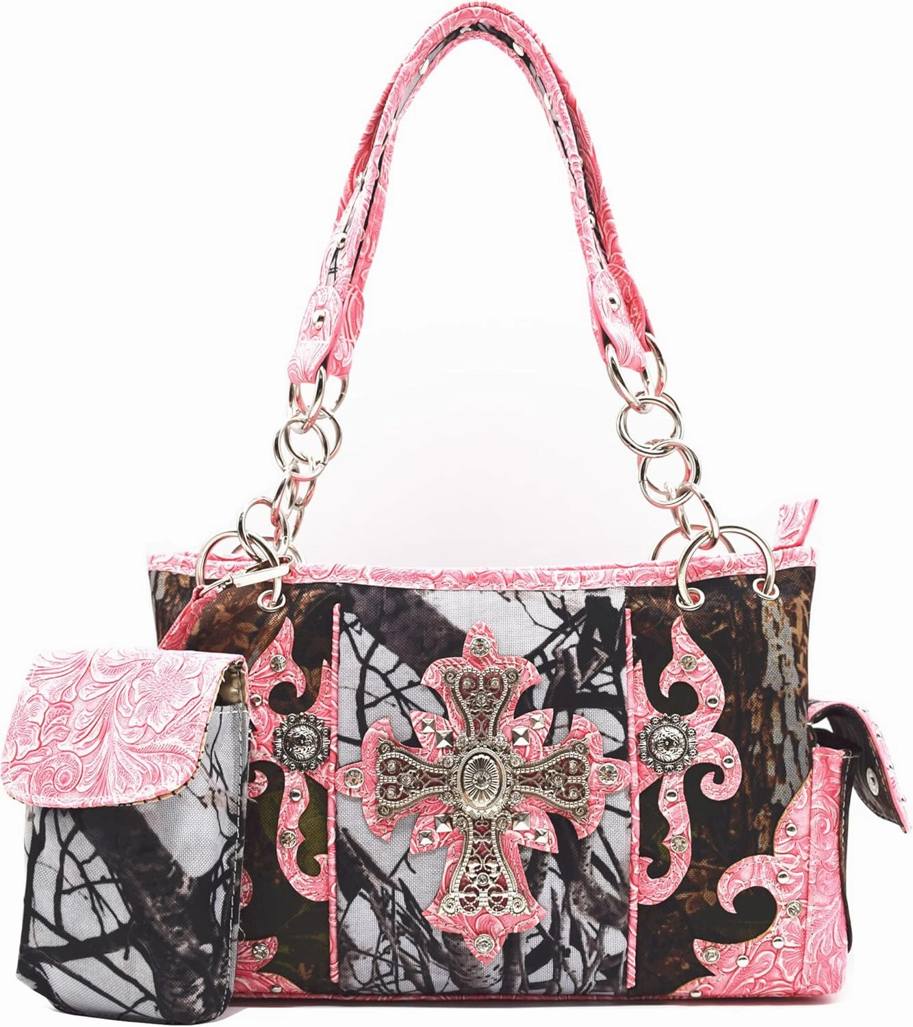 Camouflage Cross Wings Western Style Studded Handbag Tooled Leather Purse Country Women Shoulder Bag Pouch Wallet Set
