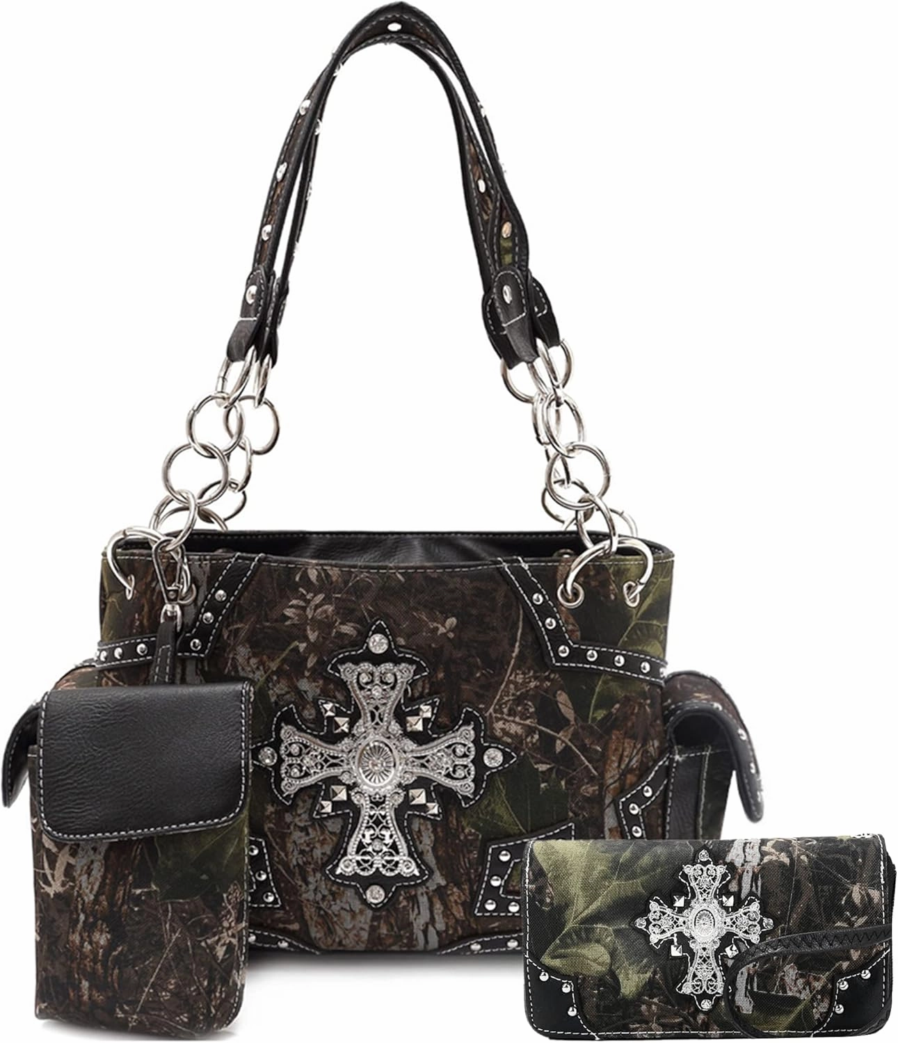 Camouflage Cross Wings Western Style Studded Handbag Tooled Leather Purse Country Women Shoulder Bag Pouch Wallet Set