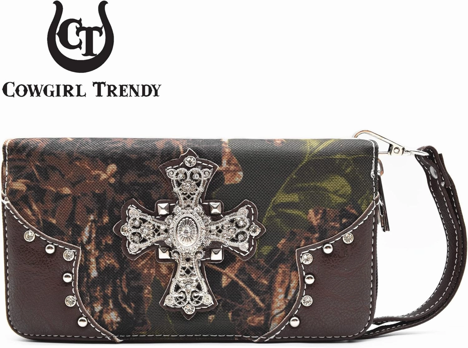 Camouflage Cross Wings Western Style Studded Handbag Tooled Leather Purse Country Women Shoulder Bag Pouch Wallet Set