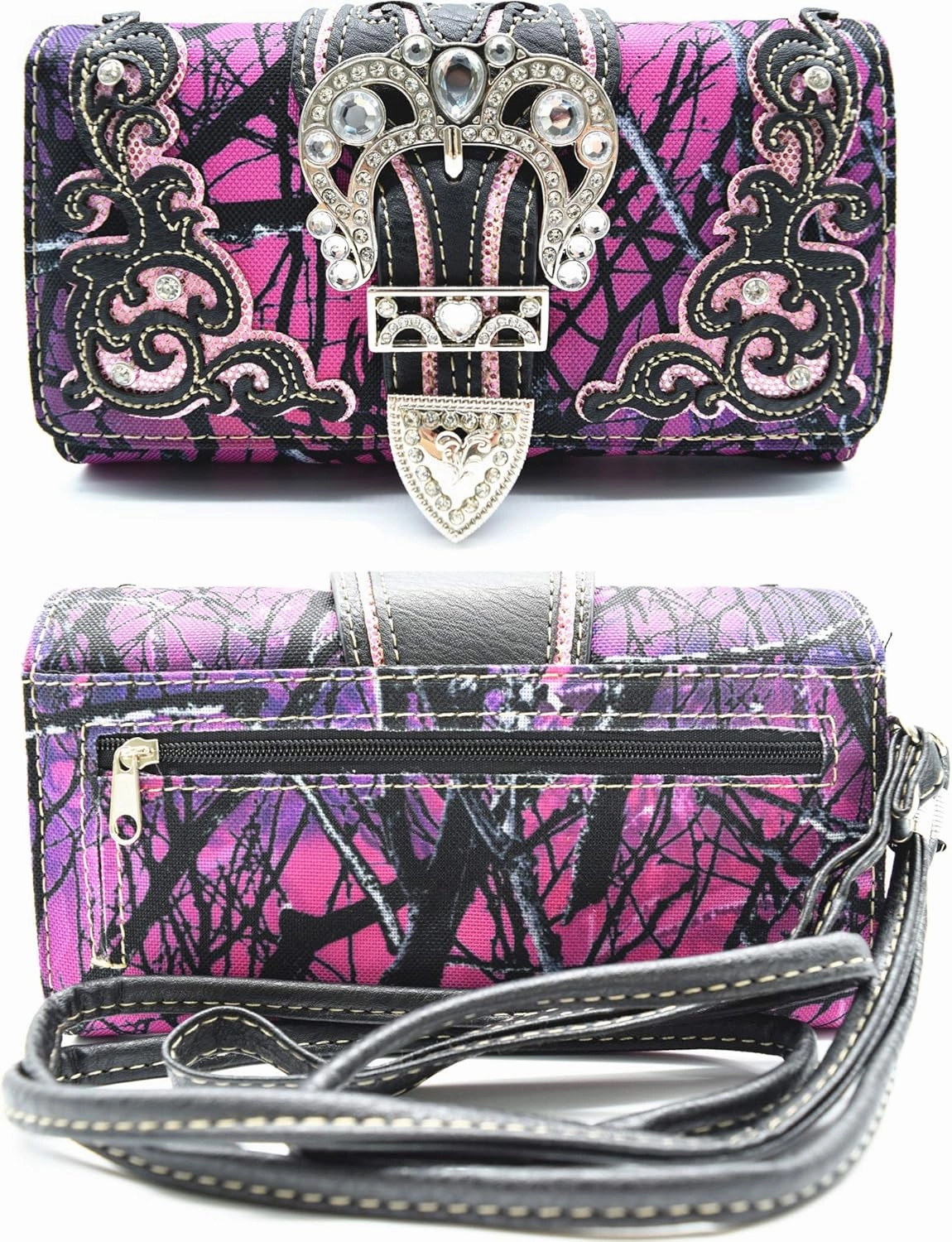 Camouflage Crown Buckle Western Style Purse Floral Shine Glow Country Handbag Women Shoulder Bag Crossbody Wallet Set