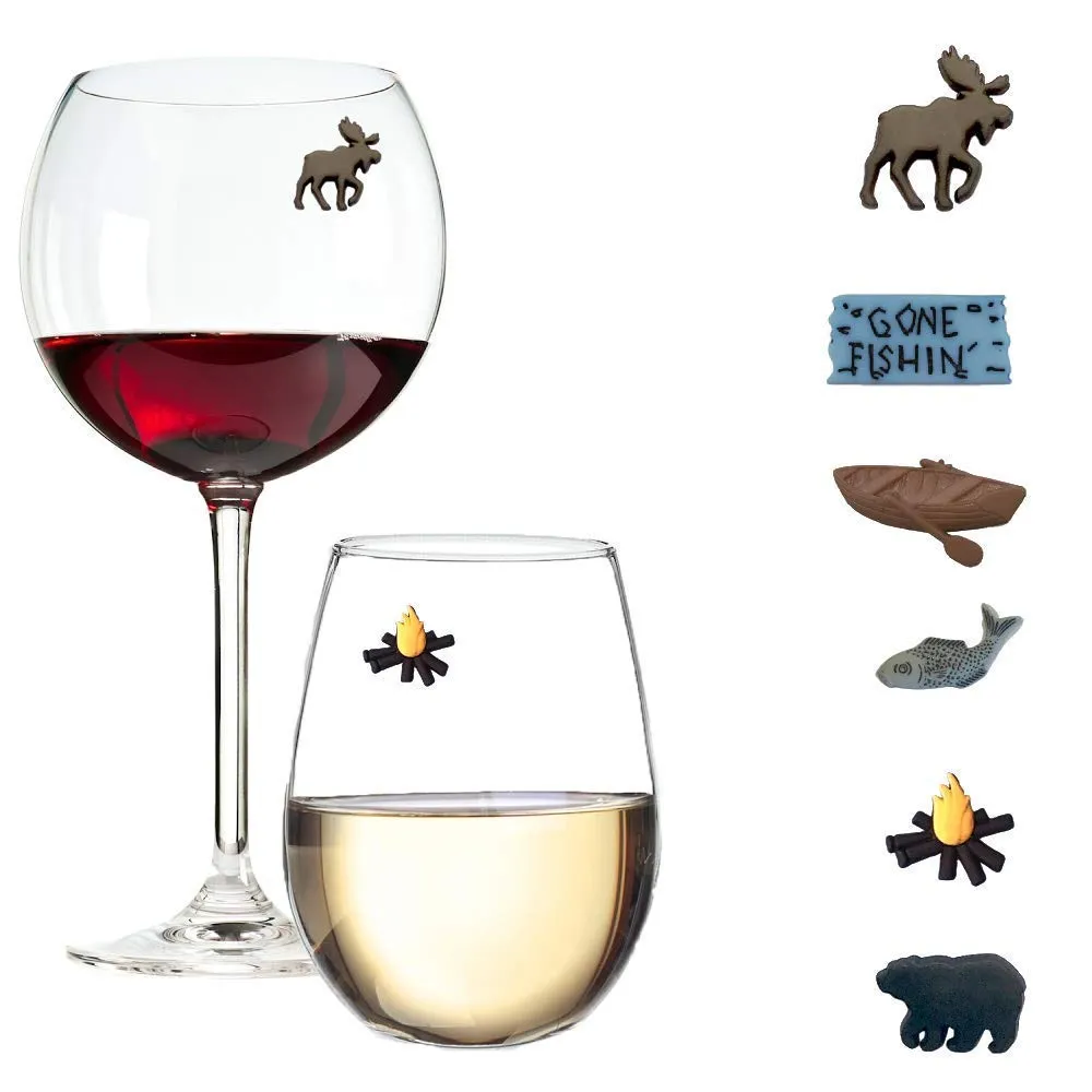 Camping Wine Glass Charms - Great Gift for the Fisherman, Wine Accessories for the Mountain Cabin or Lake House Set of 6 Magnetic Drink Markers