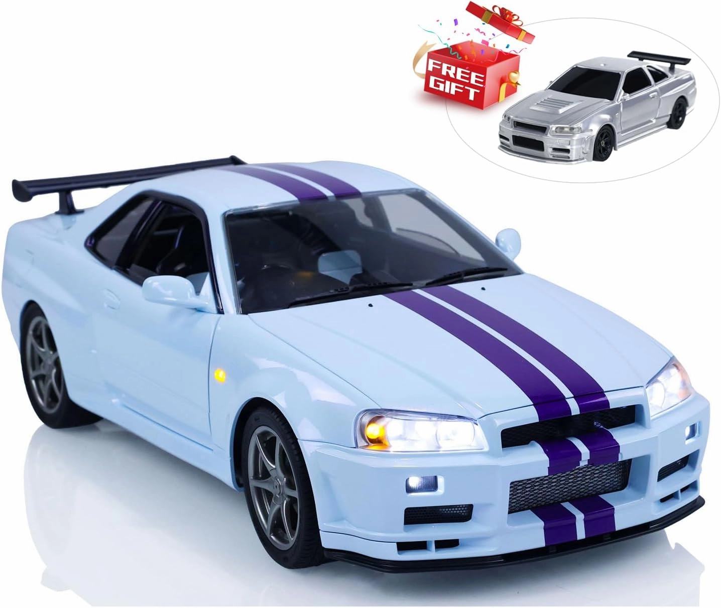 Capo 1:8 4x4 High-Speed RC Drift Car 2-Speed Transmission Wireless Remote Control R34 Racing Vehicles Motor Servo ESC Hobby Grade Racing Car Model(Purple and White)