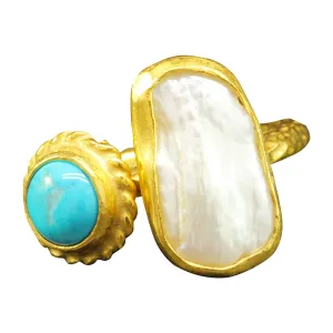 Caprixus 925 Sterling Silver Natural Turquoise & Baroque Pearl Ring 24K Gold Vermeil Hammered Designer Handcrafted Irregular Gemstone Ring