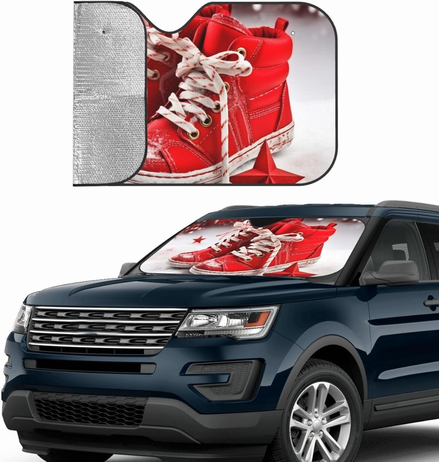 Car Windshield Sun Shade Car Front Window Sunshades Snow Red Christmas Shoes Windshield Sun Shade Cover Foldable Sun Visor Protector SunShades for Most Sedans SUV Van Truck