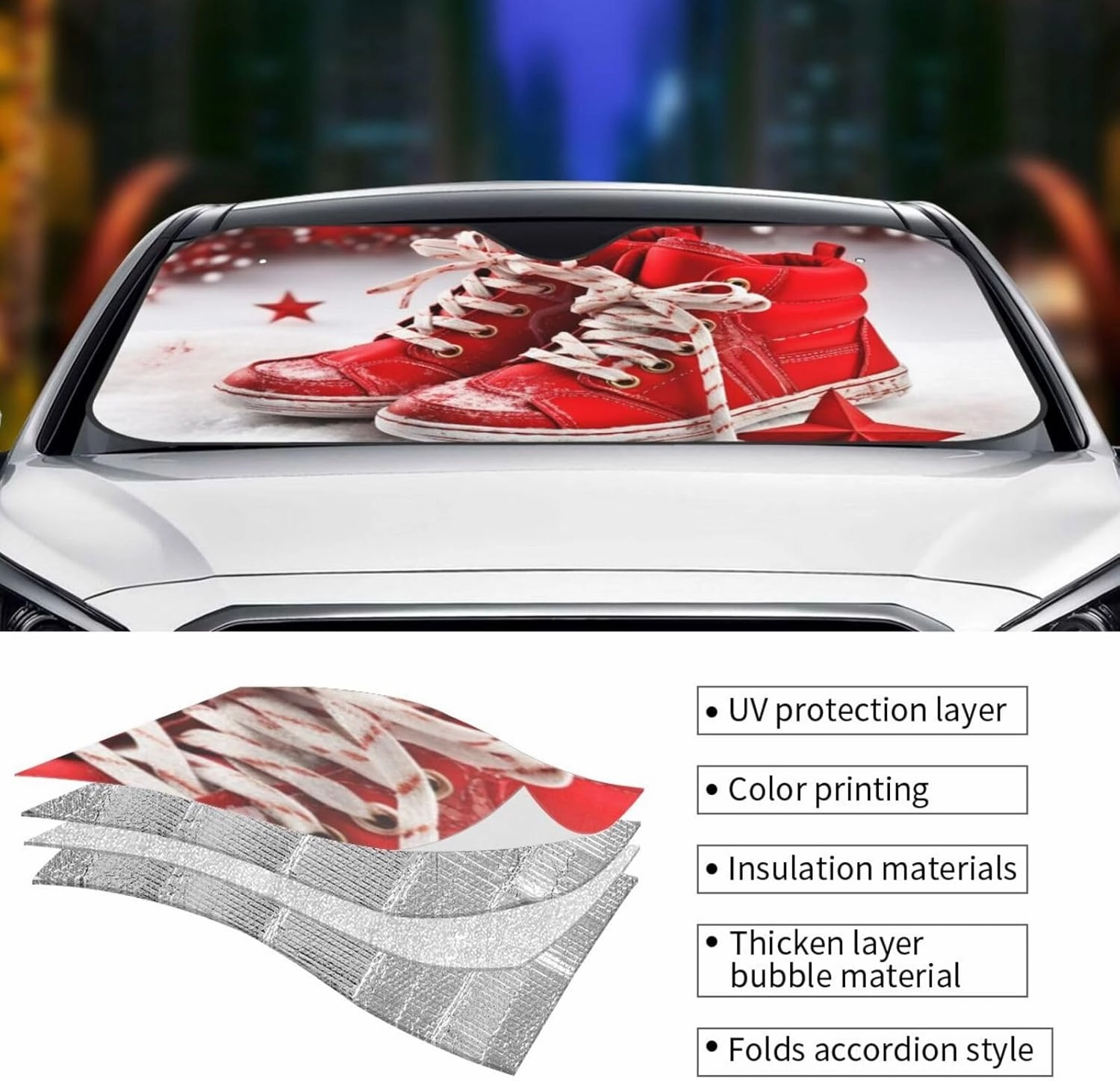Car Windshield Sun Shade Car Front Window Sunshades Snow Red Christmas Shoes Windshield Sun Shade Cover Foldable Sun Visor Protector SunShades for Most Sedans SUV Van Truck