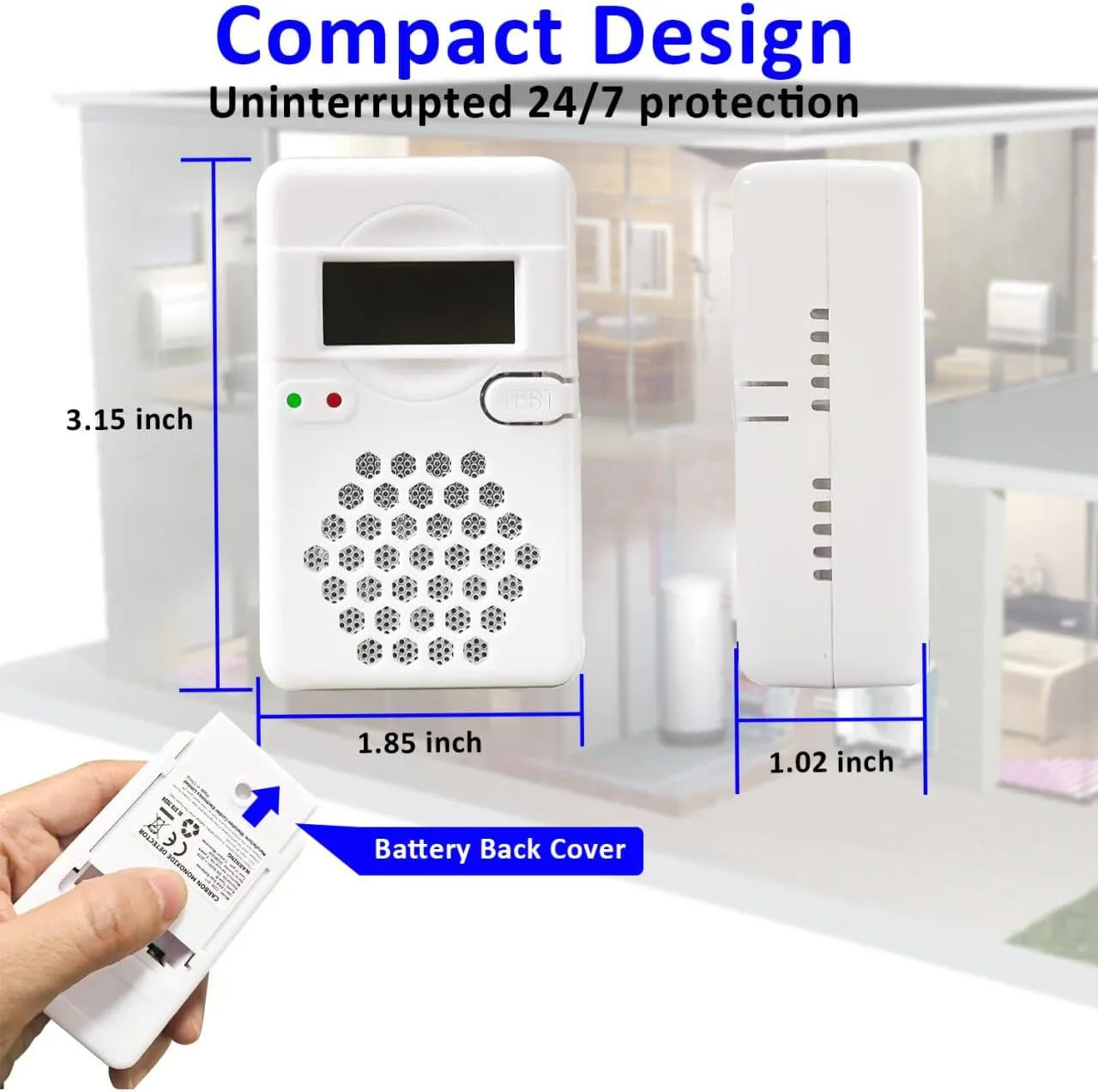 Carbon Monoxide Detector Alarm with Digital LCD Display, CO Detector Alarm with Replaceable Battery,Test-Reset Button, Low Battery Indicator, Portable,complies with UL2034(Batteries NOT Included)