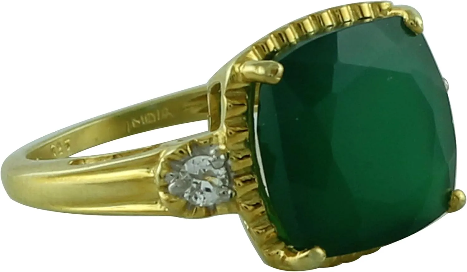 Carillon Green Onyx Cushion Shape Natural Non-Treated Gemstone 925 Sterling Silver Ring Engagement Jewelry (Yellow Gold Plated) for Women & Men