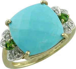 Carillon Turquoise Cushion Shape 13MM Natural Non-Treated Gemstone 925 Sterling Silver Ring Gift Jewelry (Yellow Gold Plated) for Women & Men