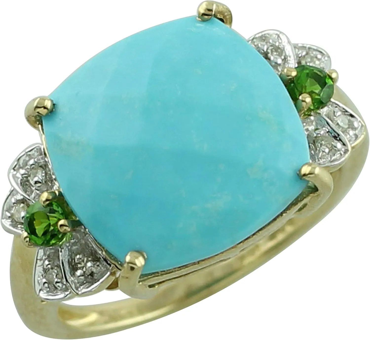 Carillon Turquoise Cushion Shape 13MM Natural Non-Treated Gemstone 925 Sterling Silver Ring Gift Jewelry (Yellow Gold Plated) for Women & Men