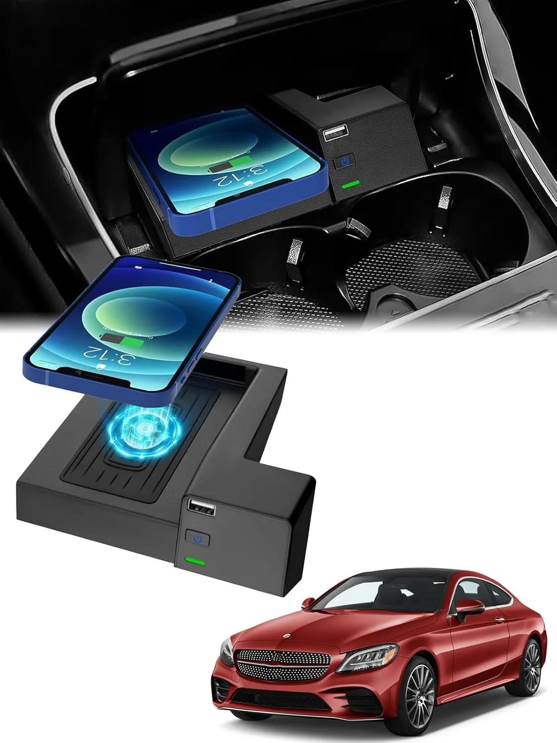 CarQiWireless Wireless Charger for Mercedes Benz C-Class/GLC-Class 2016 2017 2018 2019 2020 2021 2022 Accessories,Automotive Center Console Organizer Wireless Charging Pad for Mercedes C300/GLC 300