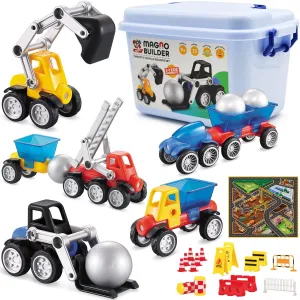 Cars Magnetic Building Blocks, New Shapes for Creating Endless Construction Trucks Toys, Including Play Mat, Road Signs, Montessori STEM Toy Boys & Girls and Magnetic Tiles for Kids Ages 4-8