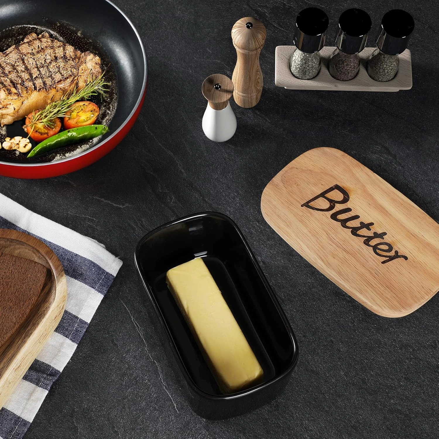 Ceramics Butter Dish with Wooden Lid- Large Covered Butter Holder for Countertop, Butter Keeper Container Perfect for Holds 2X 4oz West/East Coast Butter, Black