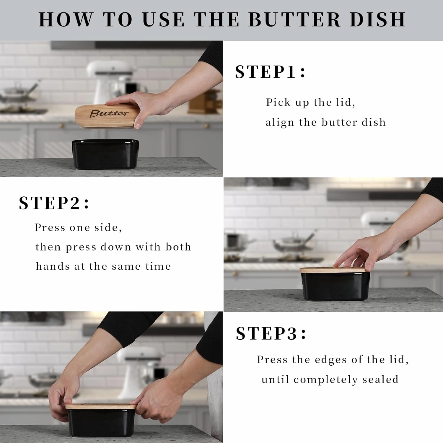 Ceramics Butter Dish with Wooden Lid- Large Covered Butter Holder for Countertop, Butter Keeper Container Perfect for Holds 2X 4oz West/East Coast Butter, Black