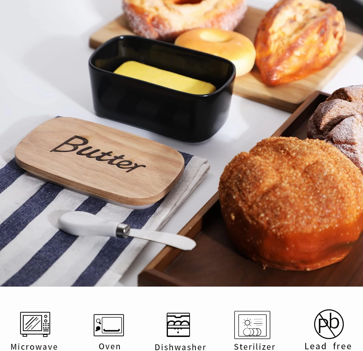 Ceramics Butter Dish with Wooden Lid- Large Covered Butter Holder for Countertop, Butter Keeper Container Perfect for Holds 2X 4oz West/East Coast Butter, Black