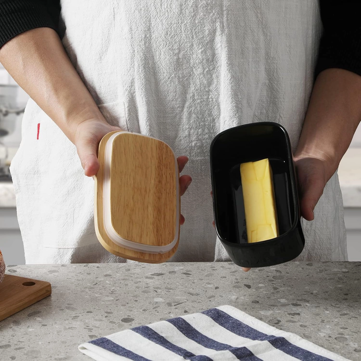 Ceramics Butter Dish with Wooden Lid- Large Covered Butter Holder for Countertop, Butter Keeper Container Perfect for Holds 2X 4oz West/East Coast Butter, Black