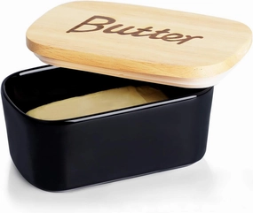 Ceramics Butter Dish with Wooden Lid- Large Covered Butter Holder for Countertop, Butter Keeper Container Perfect for Holds 2X 4oz West/East Coast Butter, Black