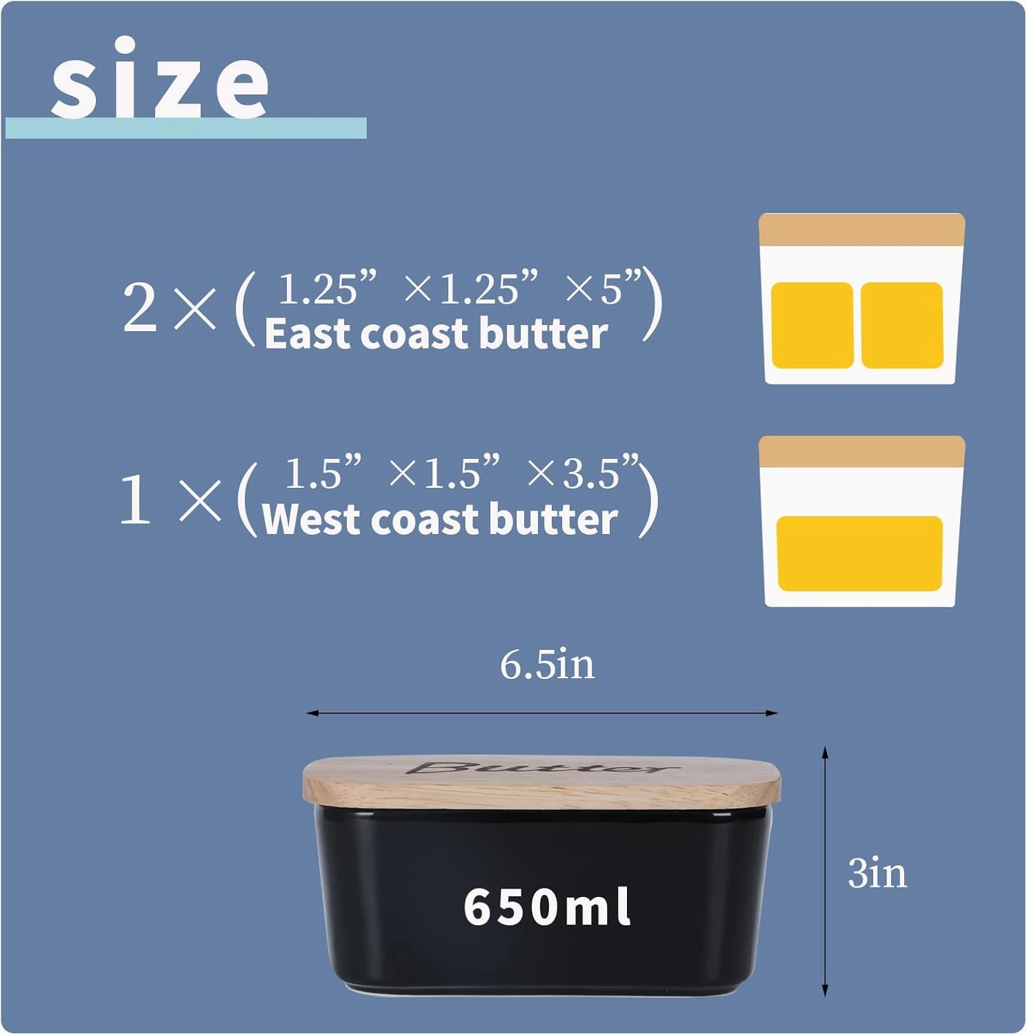 Ceramics Butter Dish with Wooden Lid- Large Covered Butter Holder for Countertop, Butter Keeper Container Perfect for Holds 2X 4oz West/East Coast Butter, Black