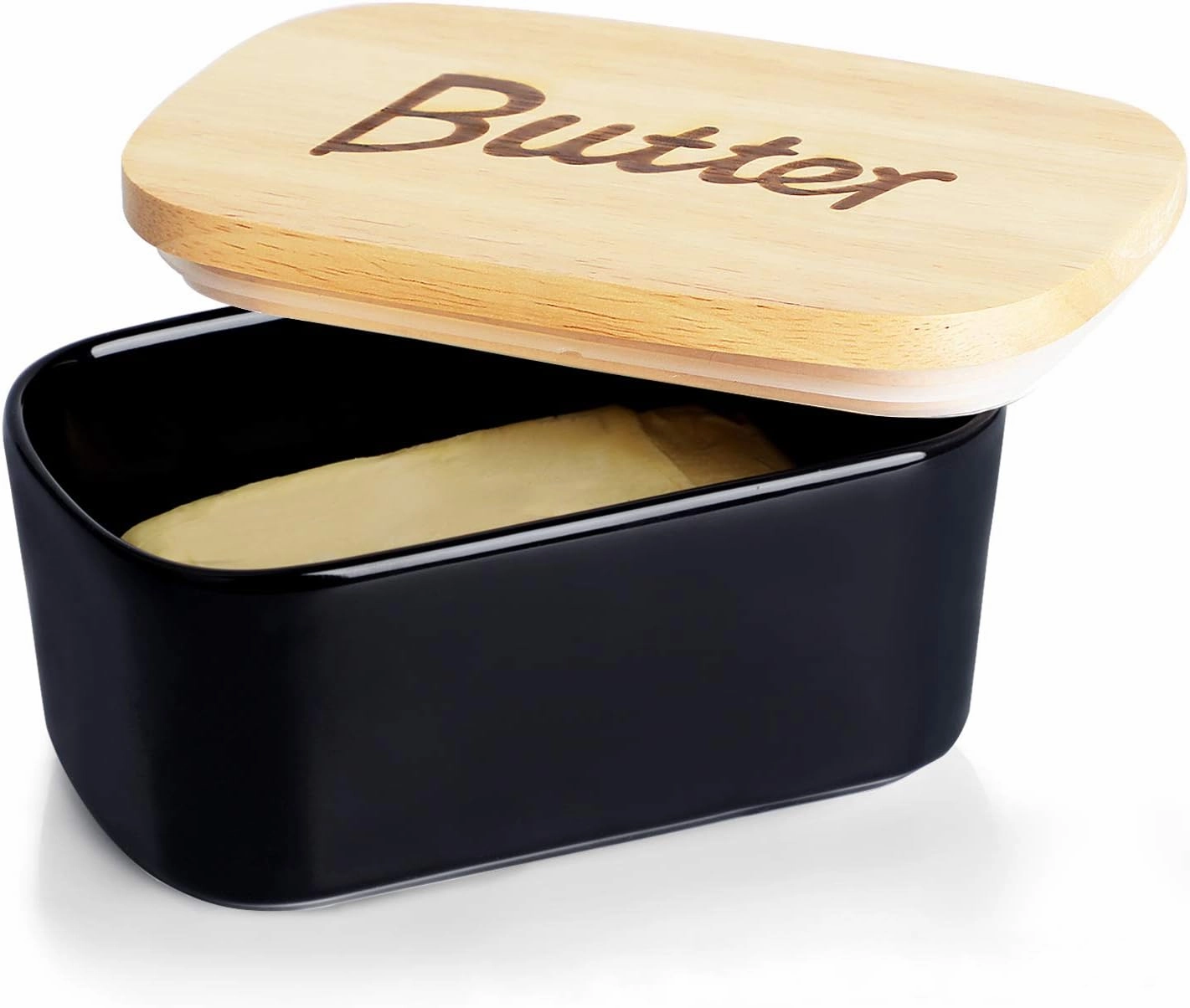 Ceramics Butter Dish with Wooden Lid- Large Covered Butter Holder for Countertop, Butter Keeper Container Perfect for Holds 2X 4oz West/East Coast Butter, Black