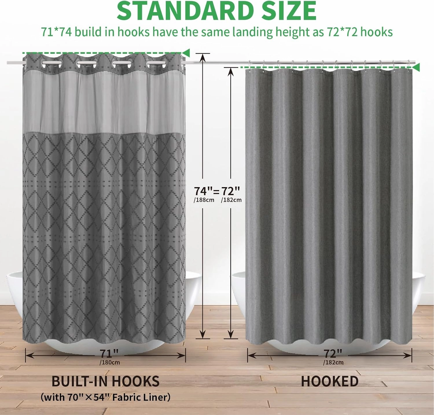 Charcoal Grey No Hook Shower Curtain and Fabric Liner Set, Boho Tufted Chevron Striped and Shabby Chic Textured Shower Curtain with a See-Through Top Window, Hotel Décor, 71" W x 74" H