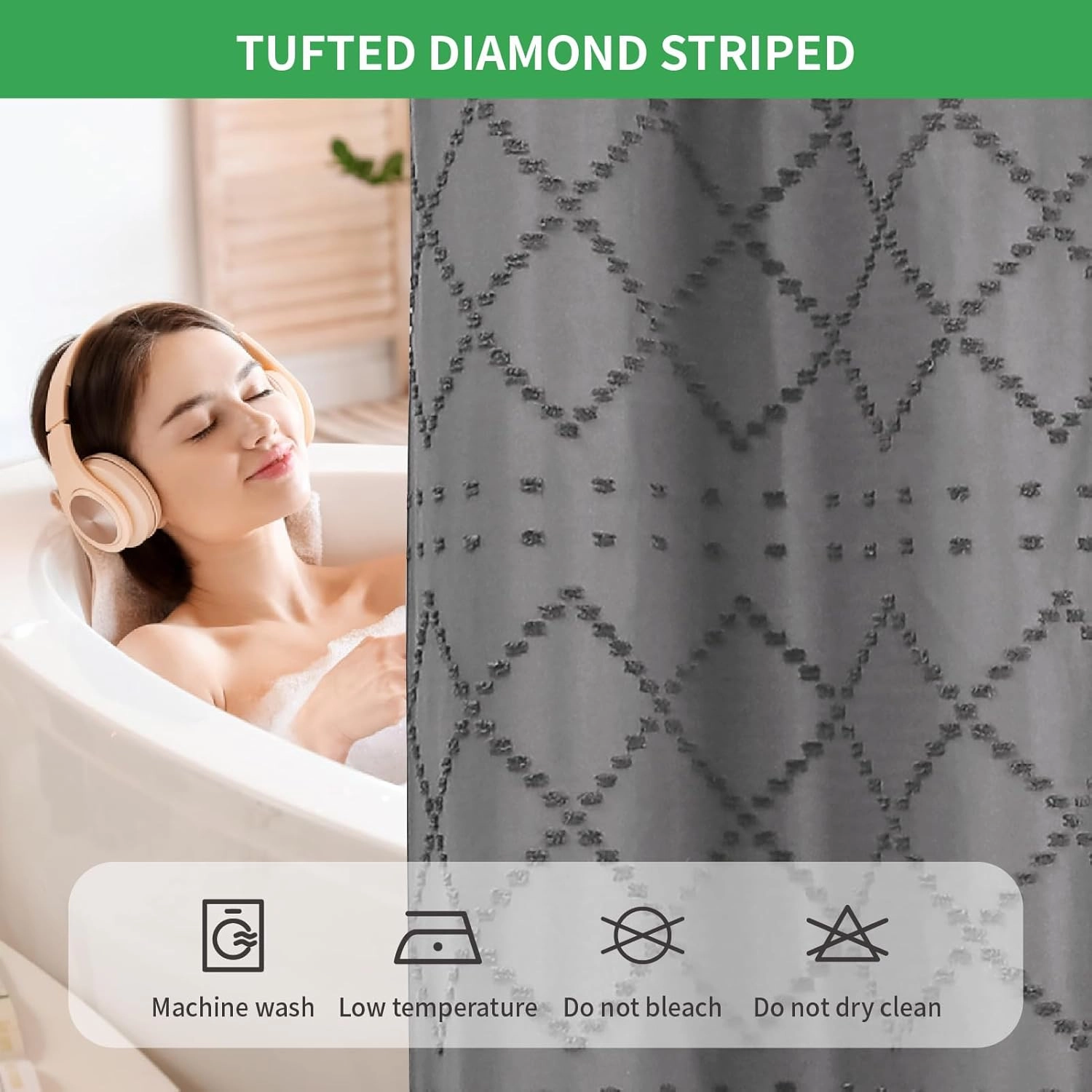 Charcoal Grey No Hook Shower Curtain and Fabric Liner Set, Boho Tufted Chevron Striped and Shabby Chic Textured Shower Curtain with a See-Through Top Window, Hotel Décor, 71" W x 74" H