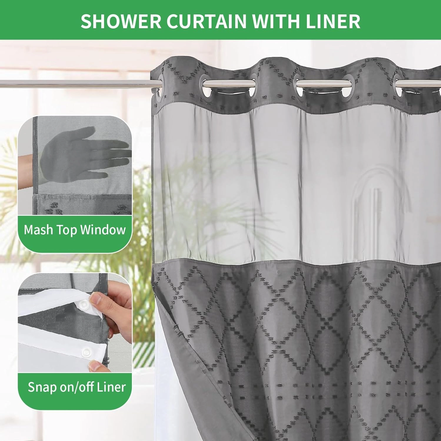 Charcoal Grey No Hook Shower Curtain and Fabric Liner Set, Boho Tufted Chevron Striped and Shabby Chic Textured Shower Curtain with a See-Through Top Window, Hotel Décor, 71" W x 74" H