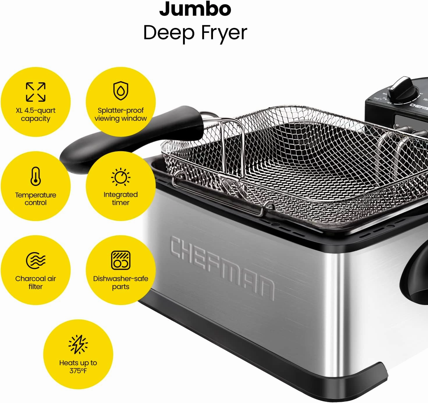 Chefman 4.5 Liter Deep Fryer w/Basket Strainer, XL Jumbo Size, Adjustable Temperature & Timer, Perfect for Fried Chicken, Shrimp, French Fries, Chips & More, Removable Oil-Container, Stainless Steel