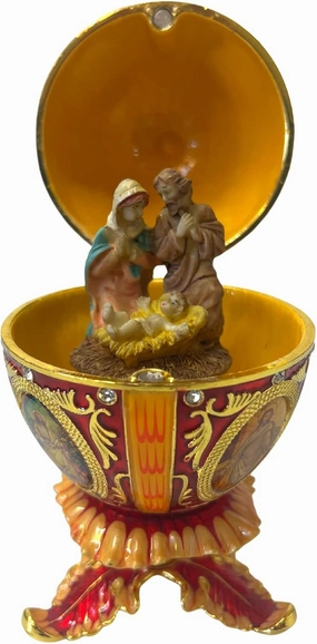 Christian Enamel Faberge Egg Replica - 5" Holy Family Religious Ornament with Rhinestones & Magnetic Closure - Christmas Decorations & Birthday Gifts for Women - Elegant Home Decor