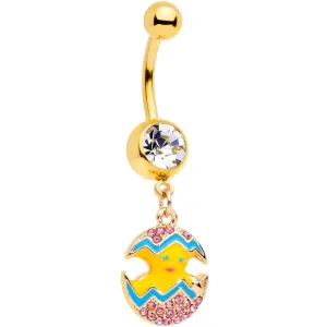 Clear Gem Gold Tone Funky Painted Easter Egg Chick Dangle Belly Ring