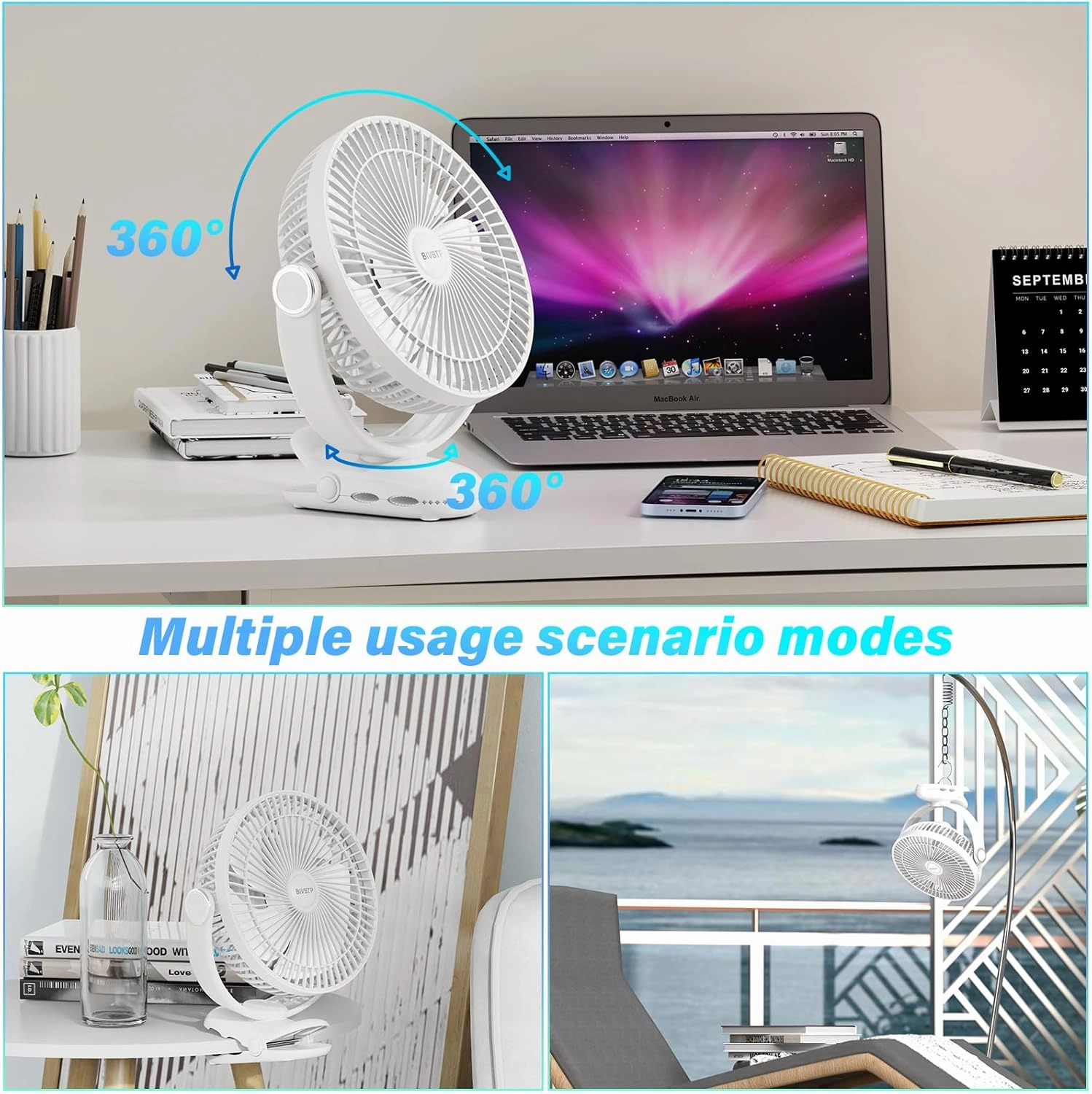 Clip on Fan 30H Longest Runtime,12000mAh 8-Inch Rechargeable Portable Fan, Ultra Quiet with Heavy-Duty Clamp, USB Desk Fan for Golf Cart, Office, Camping, Treadmill