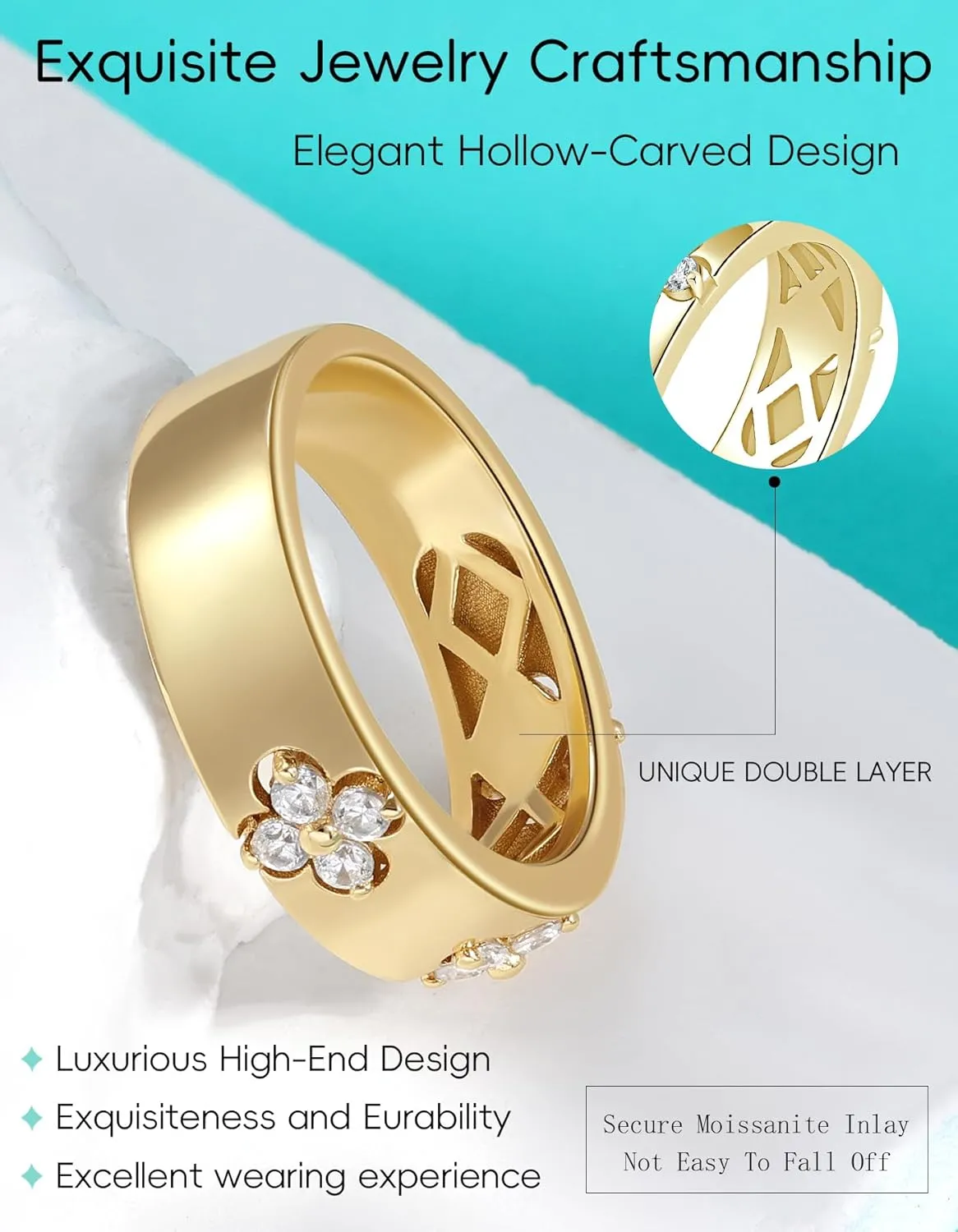 Clover Moissanite Rings for Women Gifts,Premium Moissanite(D Color VVS1 Clarity 3EX Cut), 925 Sterling Silver 14K Gold Plated Non Tarnish