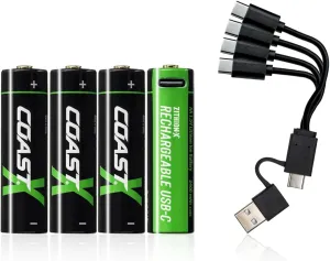 Coast AA USB-C Rechargeable Batteries, ZITHION-X, Lithium Ion 1.5v 2400 mAh, Long Lasting, Charges Under 2.5 Hours, Charging Cable Included, 4-Battery Pack