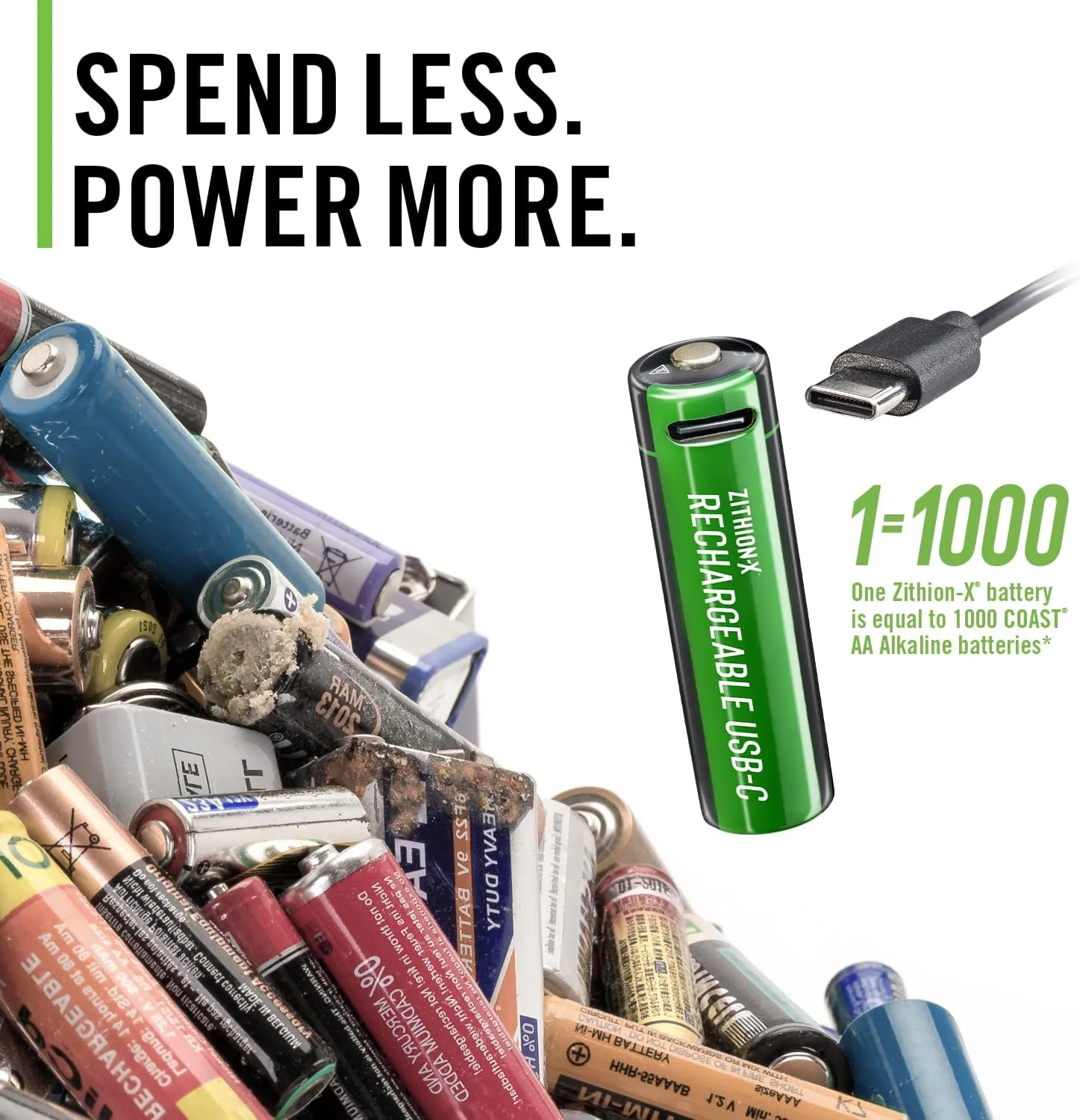 Coast AA USB-C Rechargeable Batteries, ZITHION-X, Lithium Ion 1.5v 2400 mAh, Long Lasting, Charges Under 2.5 Hours, Charging Cable Included, 4-Battery Pack