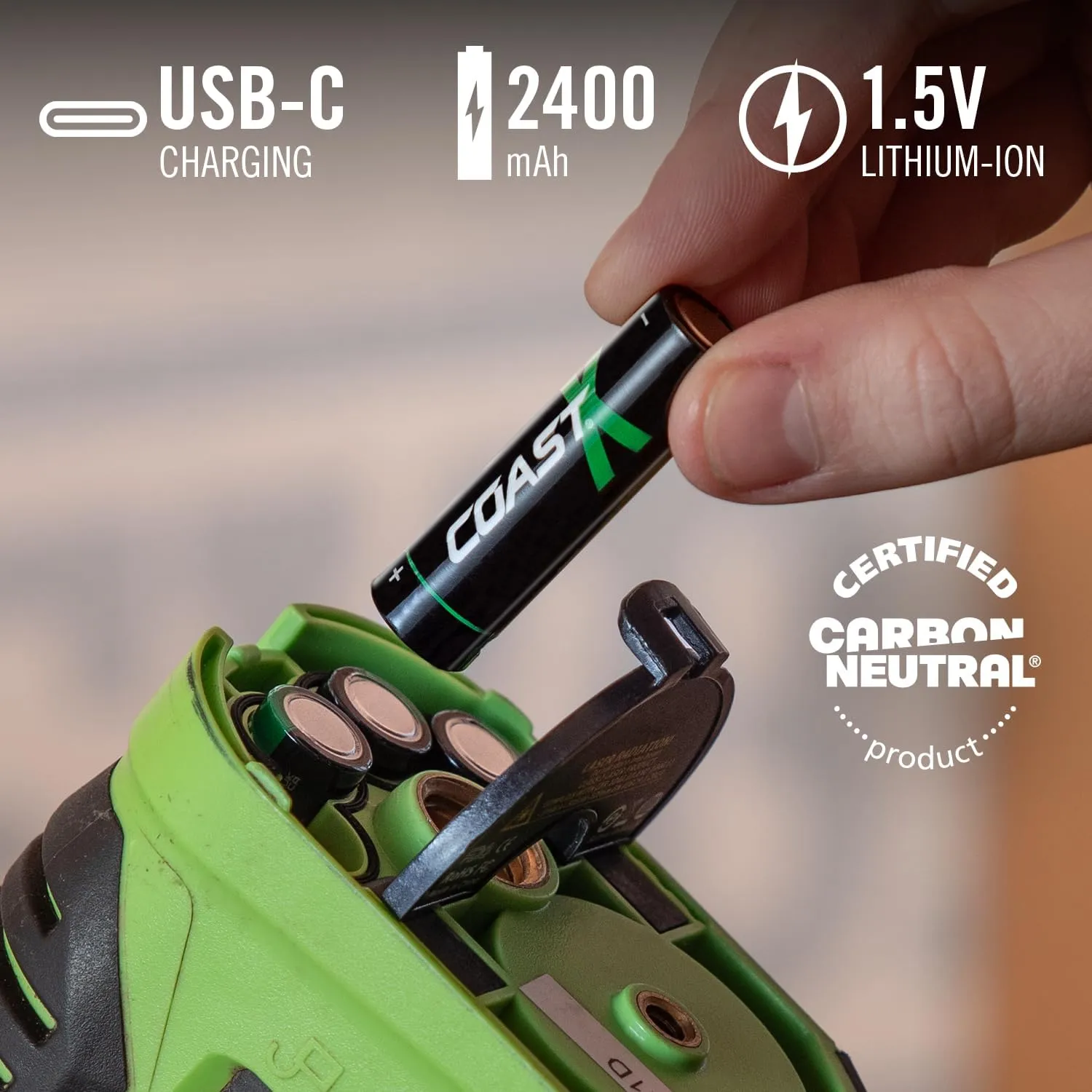 Coast AA USB-C Rechargeable Batteries, ZITHION-X, Lithium Ion 1.5v 2400 mAh, Long Lasting, Charges Under 2.5 Hours, Charging Cable Included, 4-Battery Pack