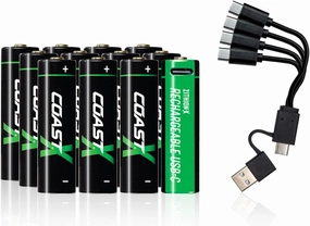 Coast AA USB-C Rechargeable Batteries, ZITHION-X, Lithium Ion 1.5v 2400 mAh, Long Lasting, Charges Under 2.5 Hours, Charging Cable Included, 12-Battery Pack