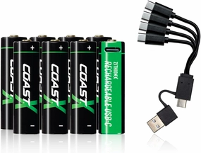 Coast AA USB-C Rechargeable Batteries, ZITHION-X, Lithium Ion 1.5v 2400 mAh, Long Lasting, Charges Under 2.5 Hours, Charging Cable Included, 8-Battery Pack