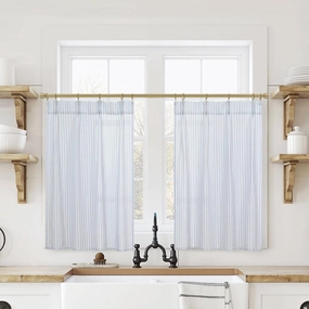 Coastal Beach Short Curtains for Kitchen Window,Semi Sheer Light Filtering White and Blue Pattern Grand Millenial Curtains for Living Room 24 Inch Length